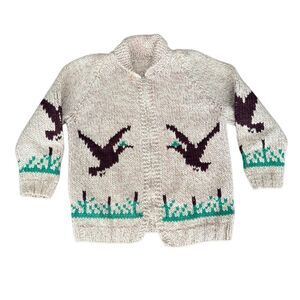 Hand Knitted Duck Sweater Cardigan Shawl Collar Vintage Hunting